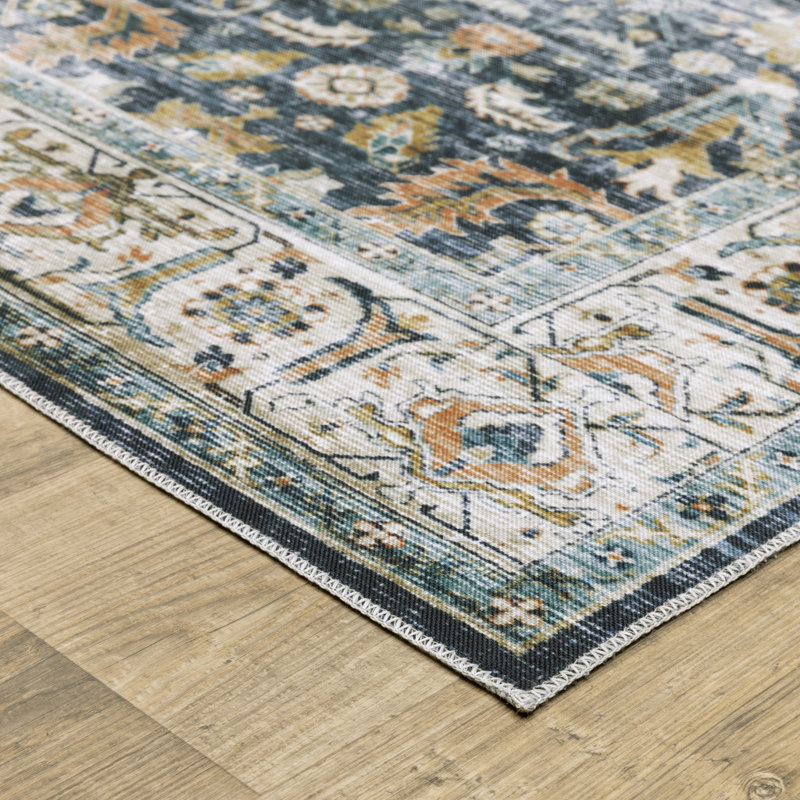 Annegrethe Oriental Machine Washable Performance Non-Skid Blue/Gold Area Rug Mat, Runner 2' x 8'