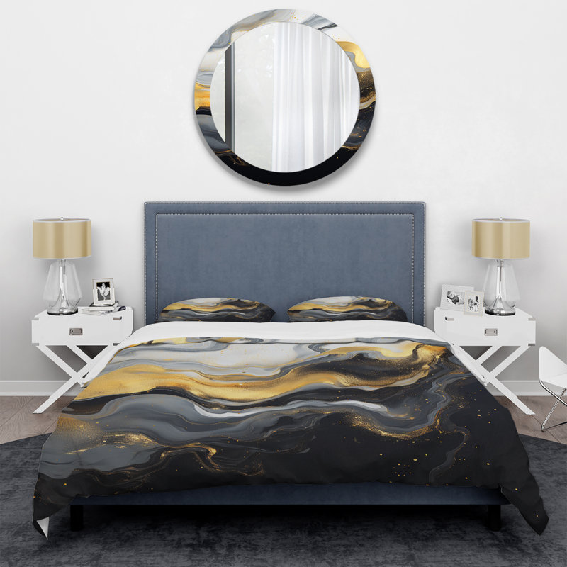 Ensemble de housse de couette en marbre doré et noir Essence V - Abstract Marble