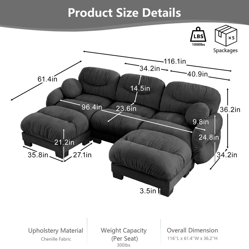 U-Shaped Pleated Chenille Fabric Modular Sectional Sofa with 2 Ottomans, 3-Seater Couch with Ergonomic High-Density Foam Seat, Curved Round Armrests & 2 Throw Pillows