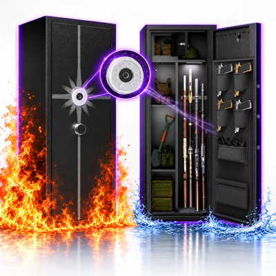 Coffre-fort biométrique Bizoe pour armes à feu, armoire forte de 145 cm (57 pouces) avec serrure à code par empreinte digitale, 2 clés de secours, capacité de 8 armes, étagères et supports d'armes réglables, coffre-fort supérieur à clé, 4 étuis pour pistolet, éclairage à détecteur de mouvement, noir