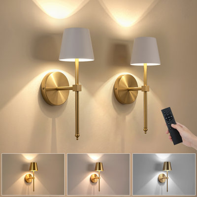 Dimmable Armed Wall Sconces Wireless Empire Metal Shade Gold and White Fixture for Mirror Painting