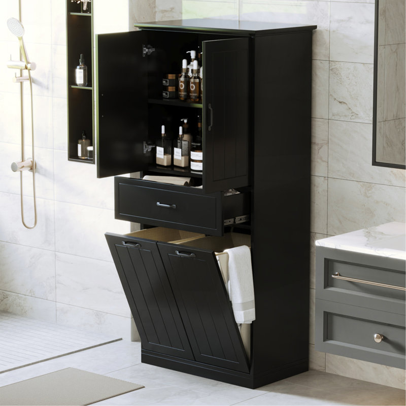 Bathroom Storage Cabinet With Two Laundry Baskets, Storage Cabinet With Doors And Drawer For Home, Black