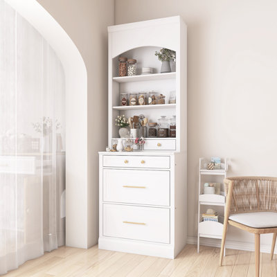 2 Set Freestanding Tall Kitchen Hutch With Faux Marble Top