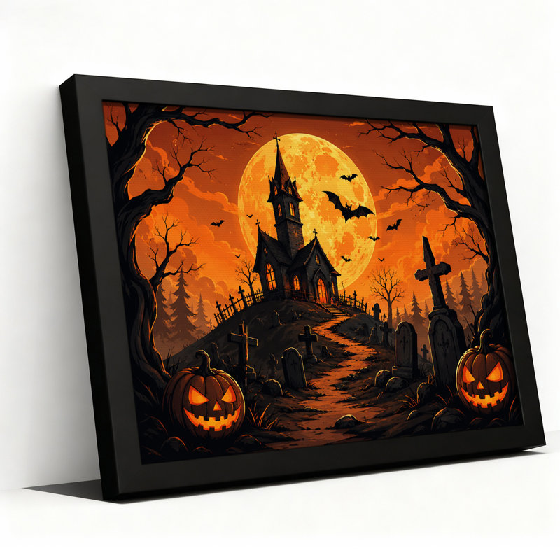«Gothic Church and Graveyard with Pumpkins Under Halloween», art mural sur toile, H 16 po x l 24 po