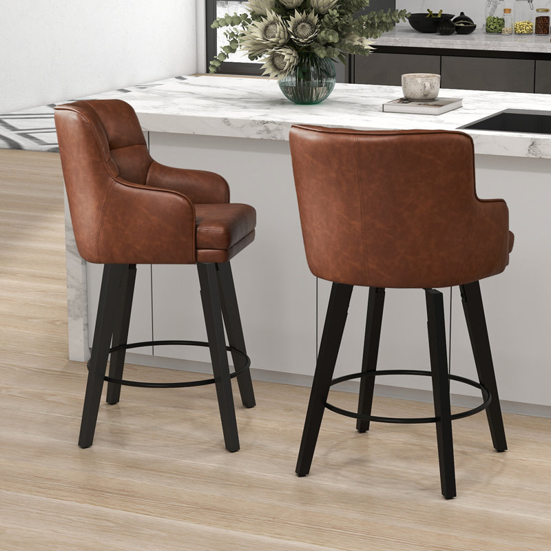 26''H Upholstered 360°Swivel Counter Height Bar Stools, Wood Legs Kitchen Island Chairs, Brown, 2