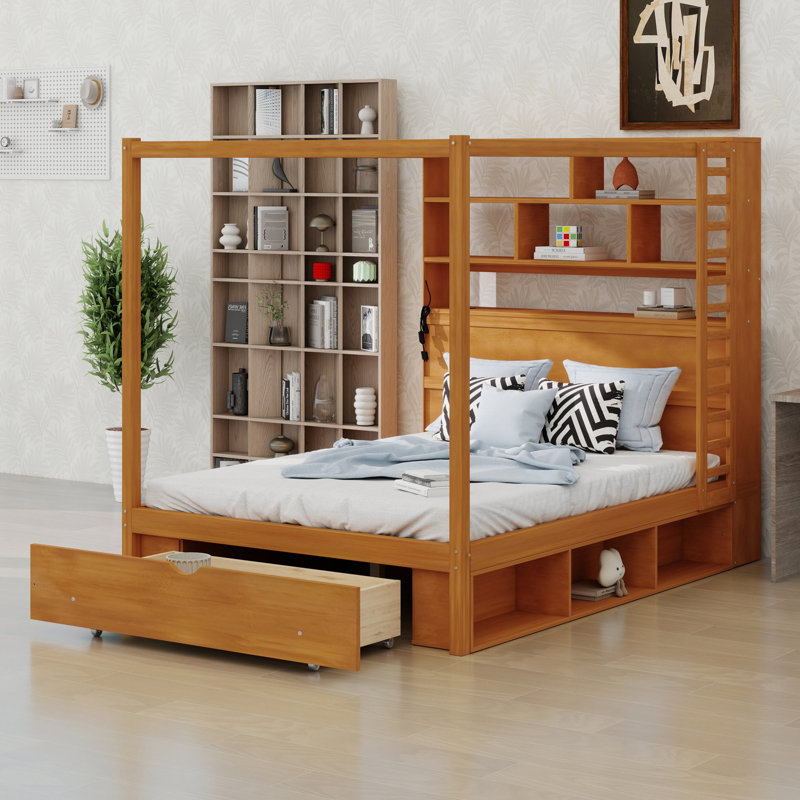 Cadre de lit à baldaquin avec tête de lit bibliothèque, port USB, éclairage DEL et rangement sous le lit, Double, Walnut