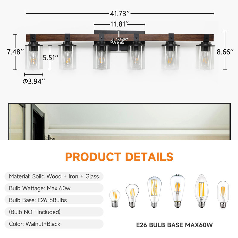 6 Light Dimmable Bathroom Vanity Lights, Moisture-Resistant Solid Wood & Black Metal, Clear Glass Shades, Industrial Style, 6
