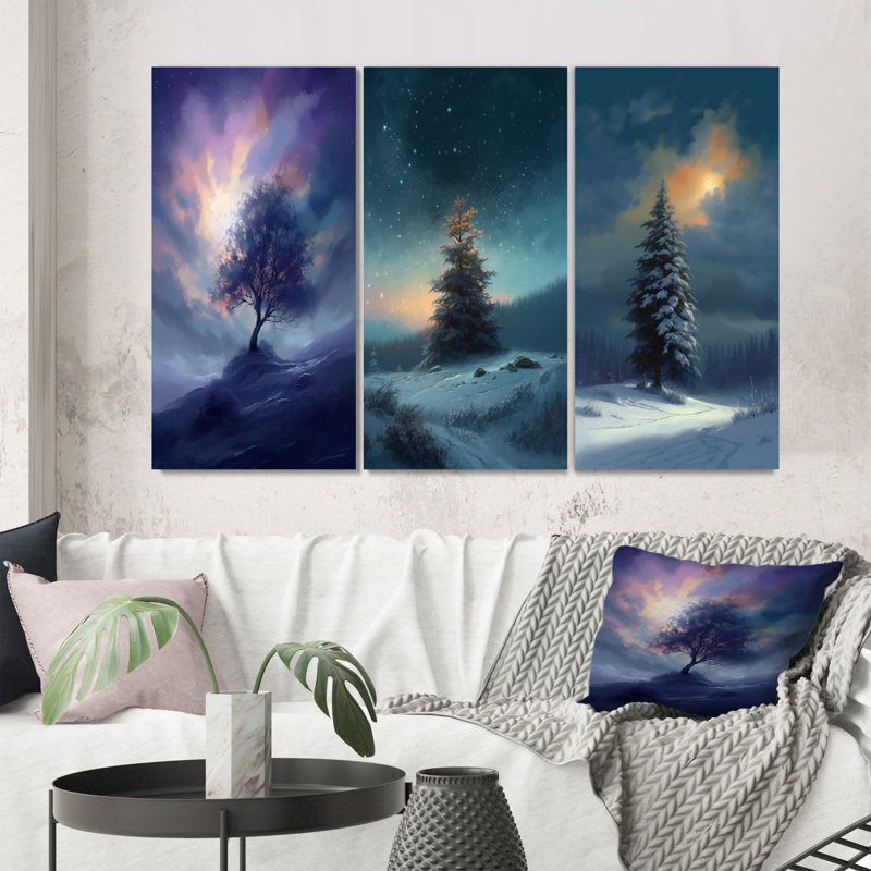 «Snowy Serenity Pinetree», 3 pièces sur toile, Toile tendue, H 32 po x l 48 po