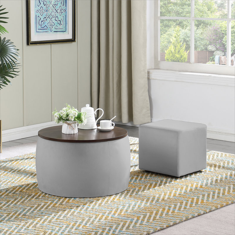 Ensemble de repose-pieds rond avec rangement, combinaison 2 en 1, table basse ronde, Gris