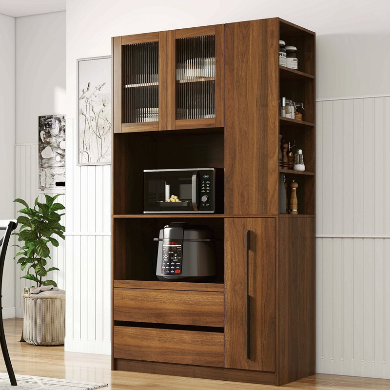 Armoire de cuisine avec étagère de rangement à plusieurs niveaux, 2 tiroirs et porte vitrée