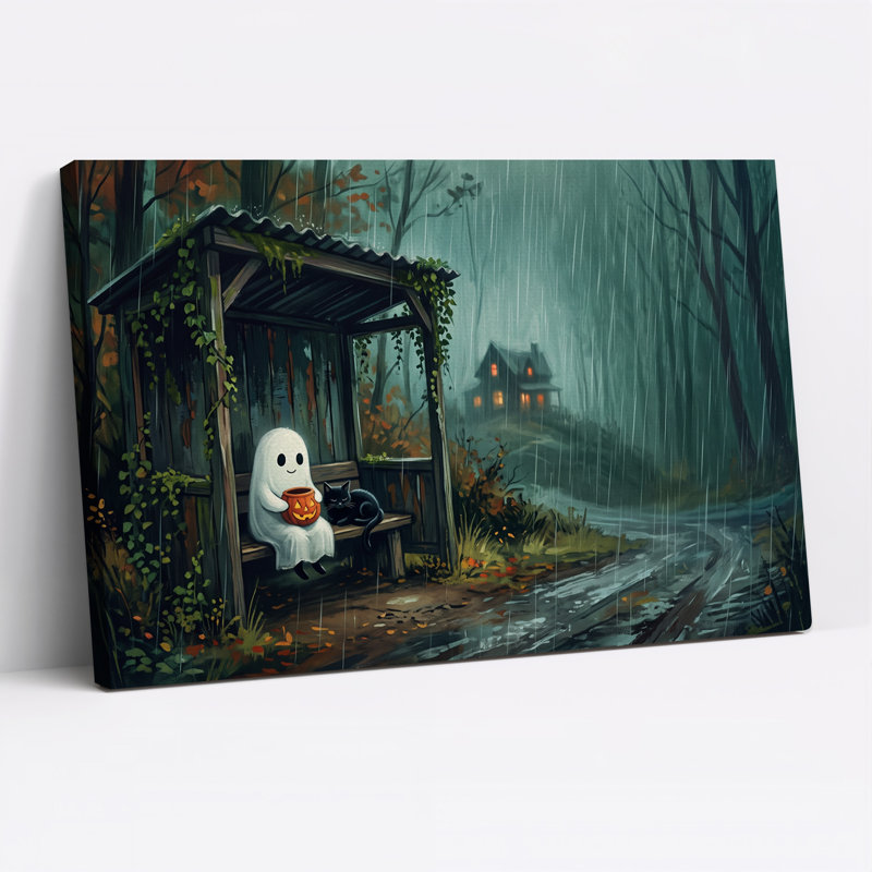 Art mural sur toile, "Ghost and Black Cat Under Rainy Shelter", H 12 po x l 18 po