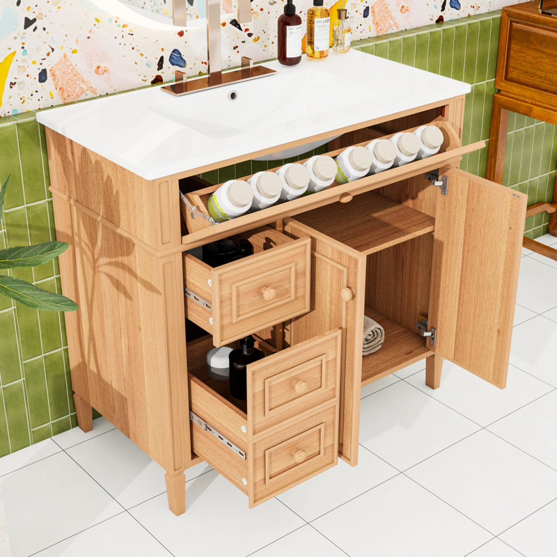 Meuble-lavabo de salle de bain avec lavabo en céramique, tablettes réglables, tiroir rabattable et portes à fermeture en douceur