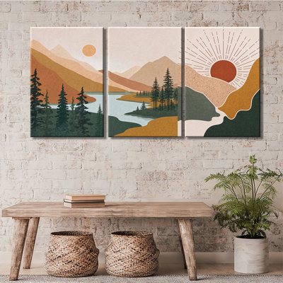 Mid Century Layered Mountain Lake Sun Geometric Neutral Canvas Print Wrapped Ready To Hang Living Room Wall Decor 3 Pieces