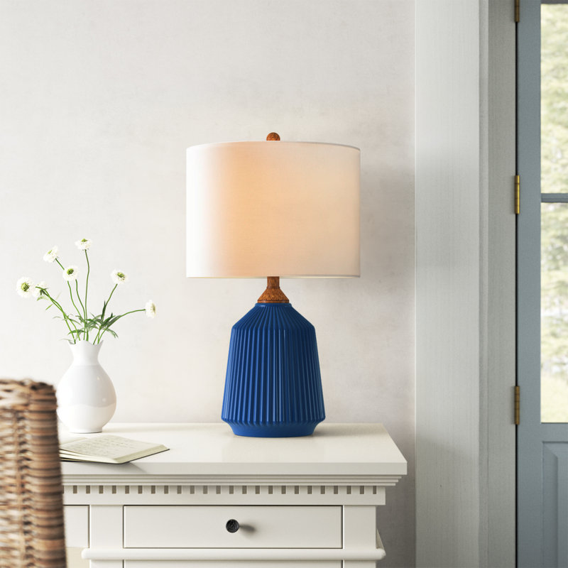 Blue Ceramic Table Lamp with White Linen Shade