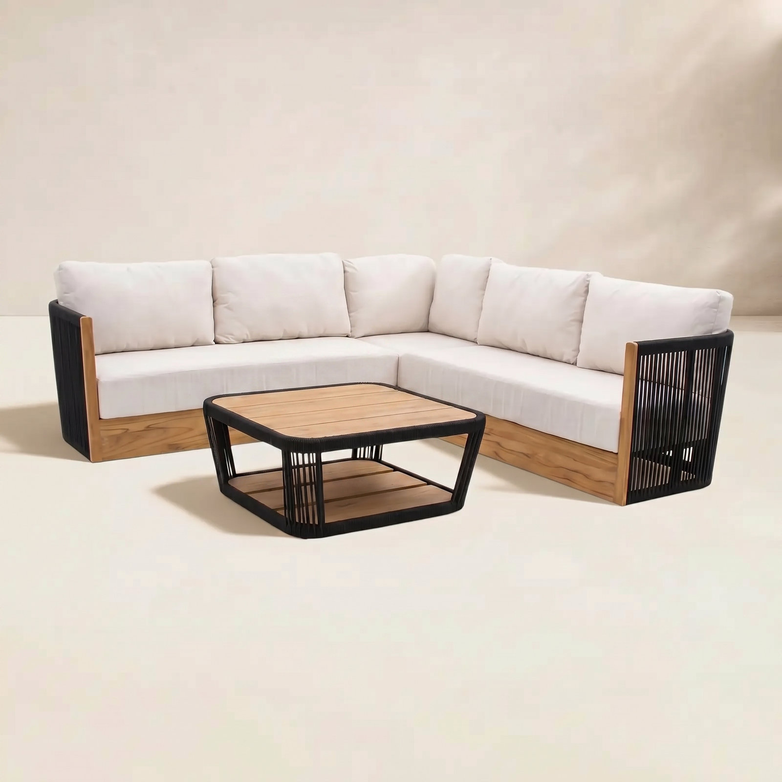 3-piece Teak & Black Rope Sectional Seating Set With Sunbrella Cushions