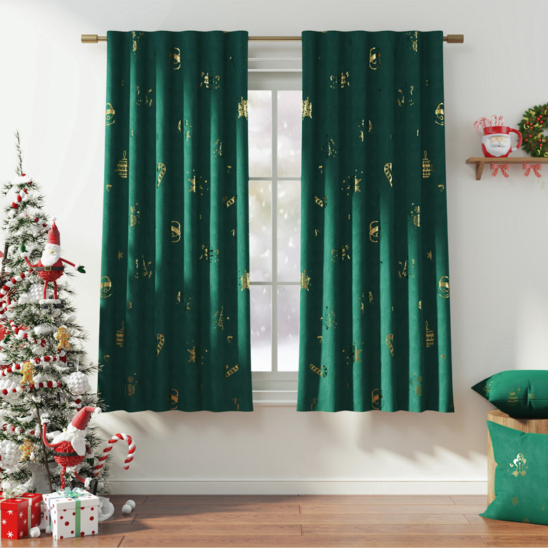 Christmas Snowflake Rod Pocket Velvet Curtains for Living Room, 52" W x 96" L, Silver Foil/Green