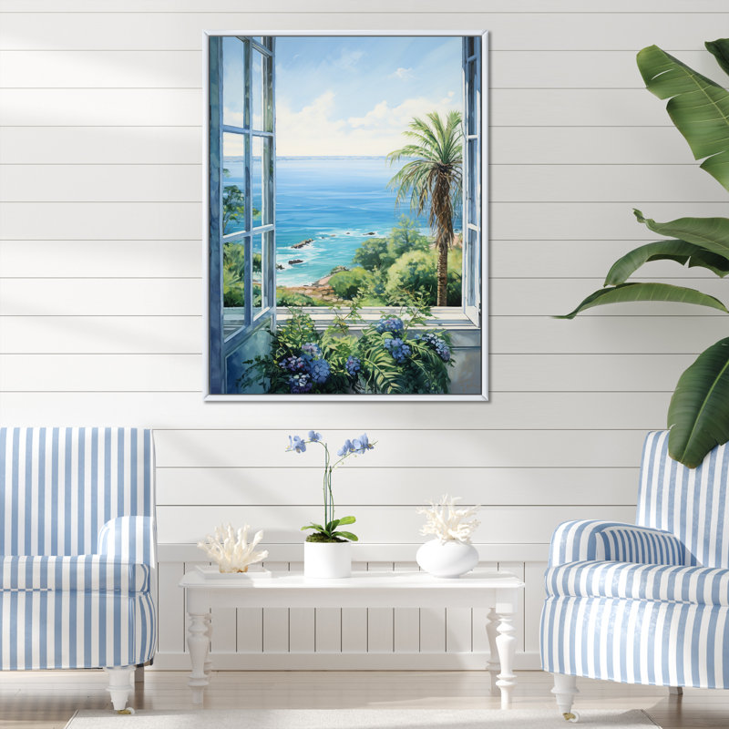 «Tropical Windows To The Beach I» - art mural de fenêtres côtières, H 40 po x l 30 po x P 1,5 po, Cadre flottant blanc