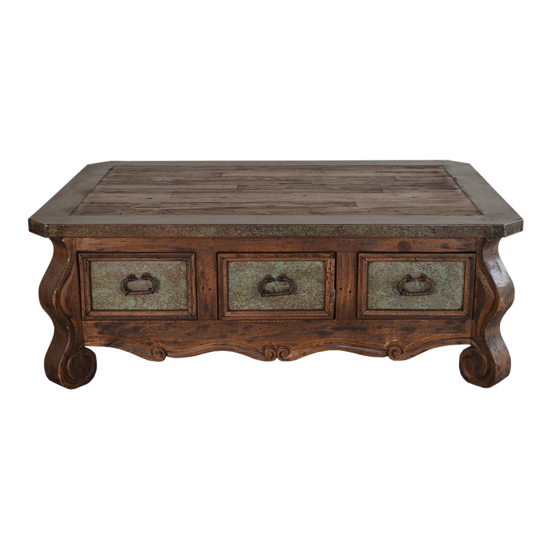 Table basse Valencia en cuivre vert-de-gris et bois vieilli avec tiroirs