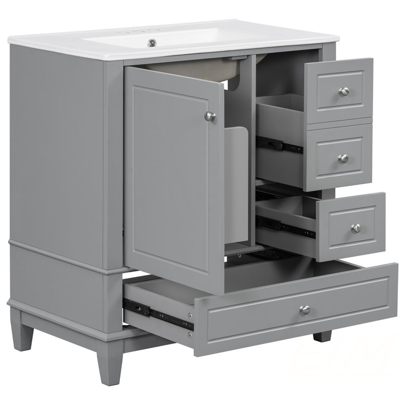Meuble-lavabo gris 30 po avec lavabo en céramique, porte à fermeture en douceur et plusieurs tiroirs de rangement pour les salles de bain et les meubles-lavabos modernes