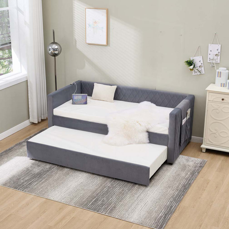 Velvet Upholstered Trundle Daybed with Sturdy Wooden Frame, Gray