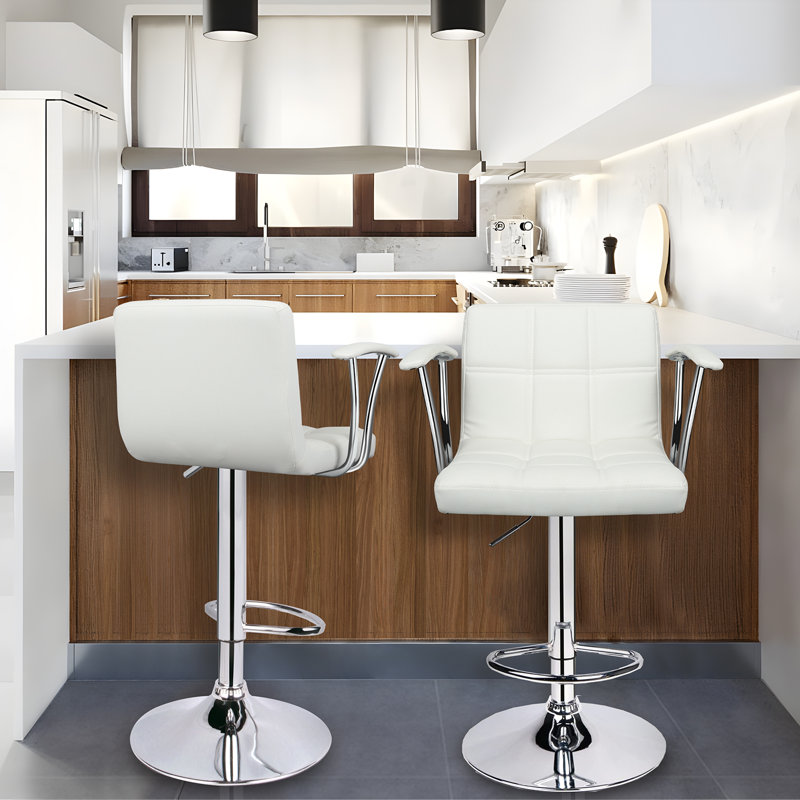 Double Needle PU Leather Counter Height Chairs, Height Adjustable and Swivel Bar Stool, White, Silver