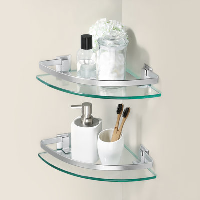 (2 Pack) Bathroom Floating Glass Shelf Corner Aluminum Glass Shelf with Rail Wall Mount Silver