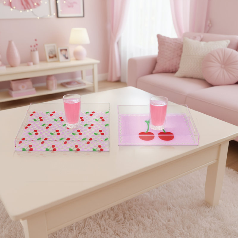  Ensemble de 2 plateaux de service en acrylique cerise et rose avec poignées - ensemble décoratif