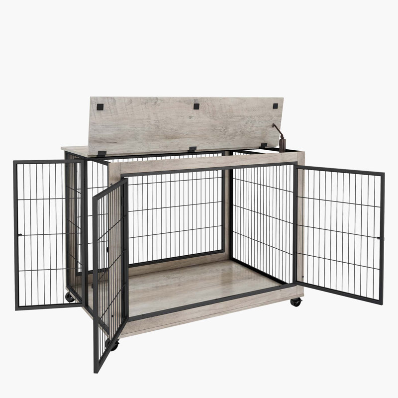 Table d'appoint pour chien sur roulettes avec portes doubles et plateau relevable, H 27,2 po x l 38,58 po x P 25,19 po, Gris
