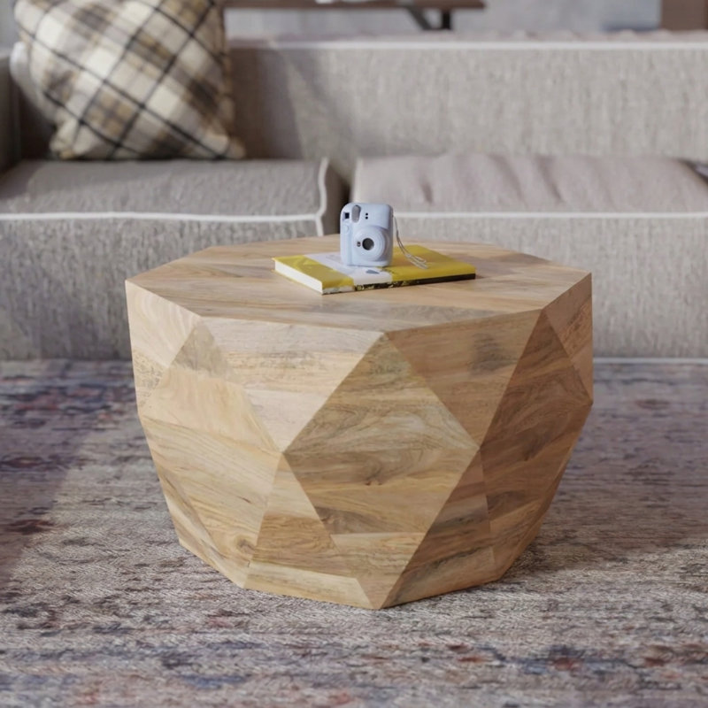 Solid Wood Round Modern Coffee Table – 29.5″ W Drum Design, Natural Finish, Coffee Table for Living Room, Natural