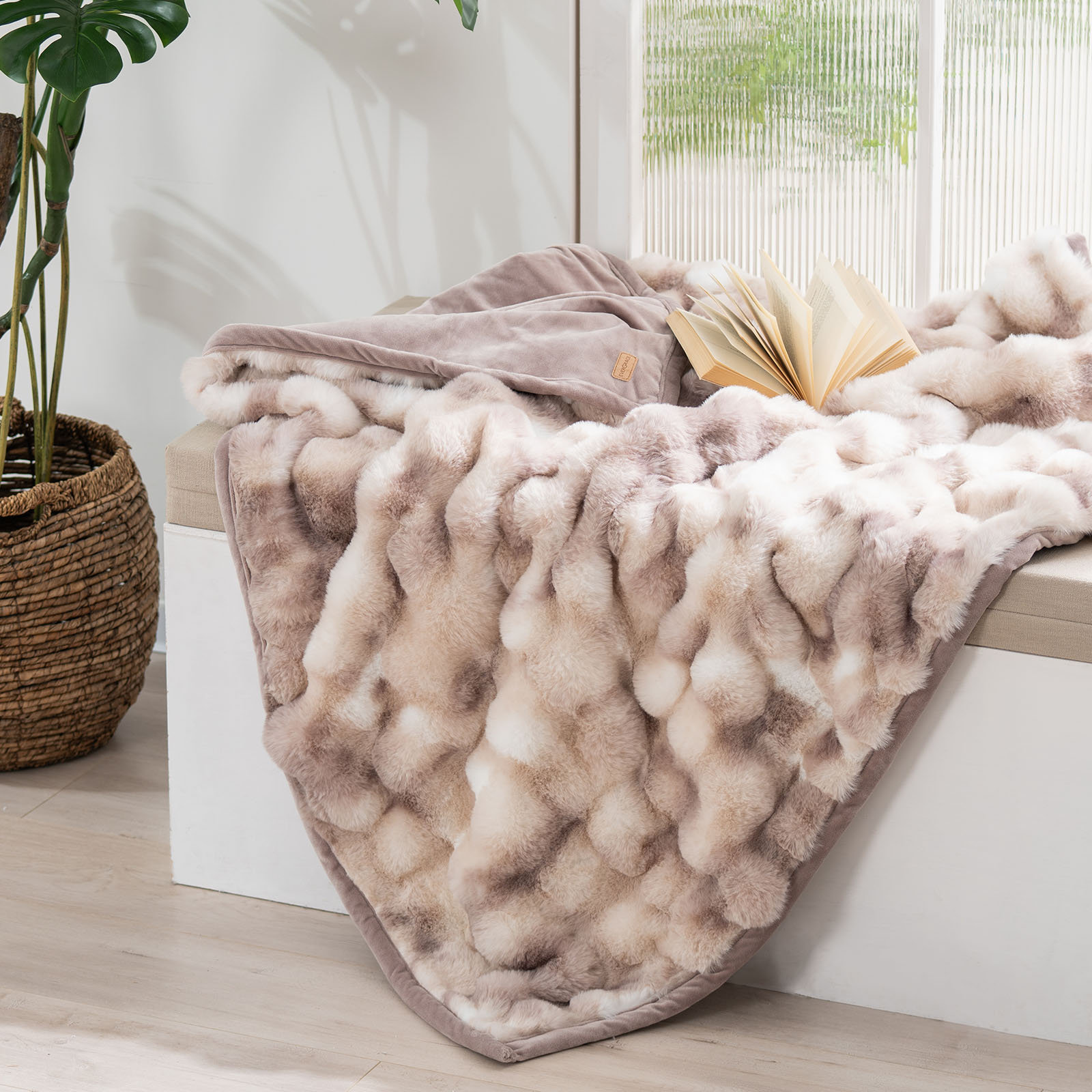 Faux Fur Weighted Throw Blanket, 80" L x 60" W, Natural Tan