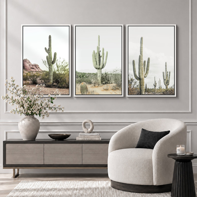 Cactus désert "Southwestern Green Saguaro, H 36 po x l 72 po, Cadre flottant blanc