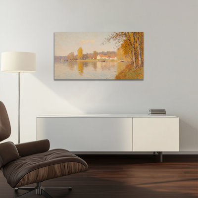Art mural grand paysage d'automne - rivière d'automne, décoration murale, œuvre d'art de paysage rétro, peintures d'automne pour le salon, reproduction d'art sur toile encadrée, cadre en pin, 30 po x 60 po