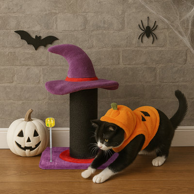 Grattoir de sorcière avec jouet interactif, sisal robuste, thème d'Halloween pour les chats grattant et jouant