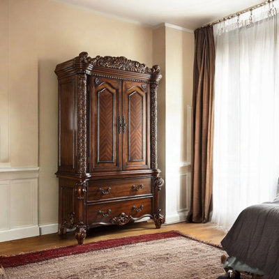 Vendome Transitional Cherry Wood TV Armoire With Doors, Drawers & Ornate Scroll Details For 42" Tvs