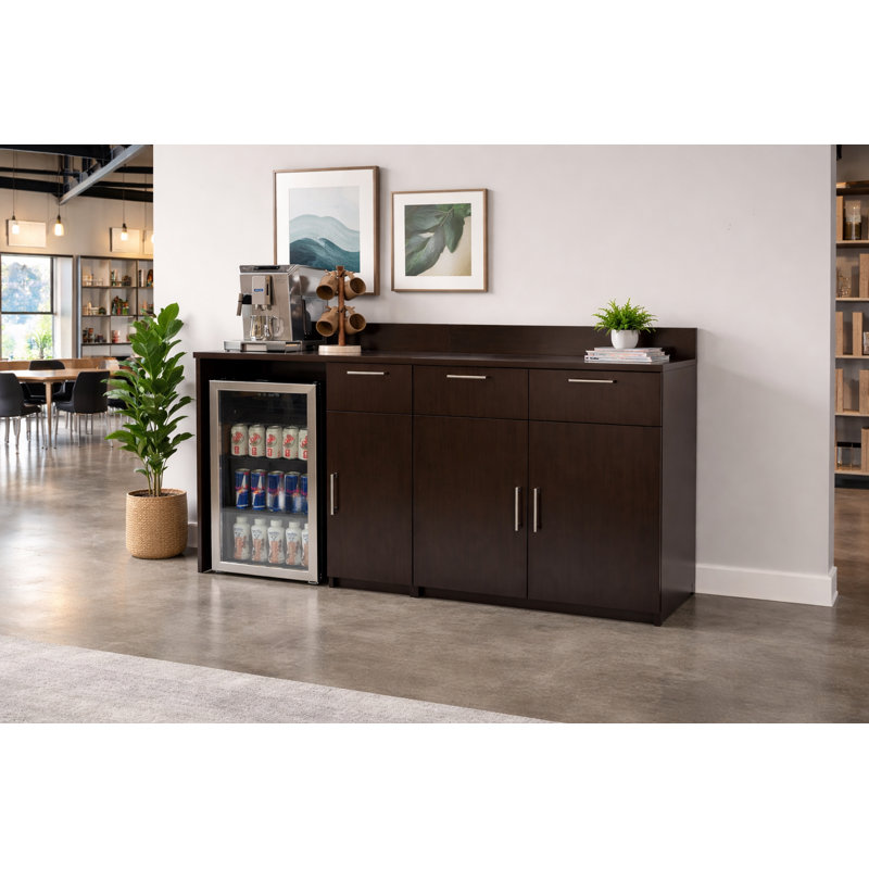 Office Breakroom Refreshment Cabinet with Mini Fridge Opening – Fully Assembled Commercial Coffee Station – 72" W x 24" D x 36" H
