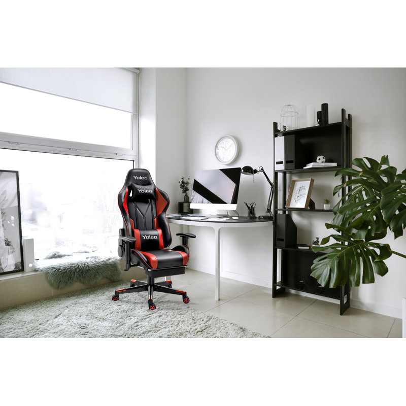 Blue Elephant Adjustable Reclining Faux Leather Swiveling PC & Racing Game Chair with Footrest, Black/Red