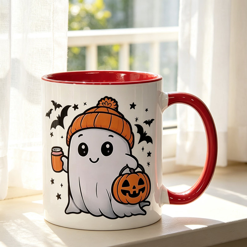 Cute Ceramic Mug for All Ages Ghost Coffee Cup, Bat, Star & Pumpkin Pattern.