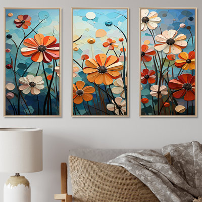 «Cubist Zinnias Flowers Collage II», ensemble d'art mural sur toile Zinnias