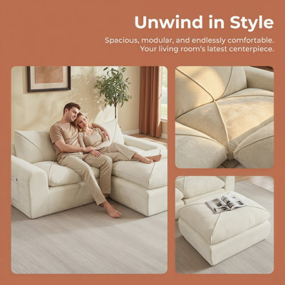 Canapé modulaire moderne en chenille minimaliste, canapé modulaire en L avec repose-pieds, spacieux meuble de salon 2 places, tissu respirant doux, mousse haute résilience et ressort