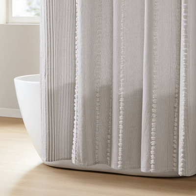 Gray Cotton Shower Curtains, 72 x 72 Inch Jacquard Pompom Modern Bathroom