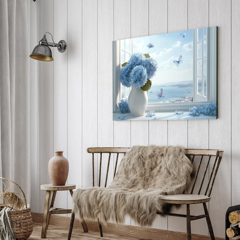 Wooden Framed Canvas Painting Artistic printing Blue Hydrangeas With Sea View Unique and creative wall decor, 20 x 30 po
