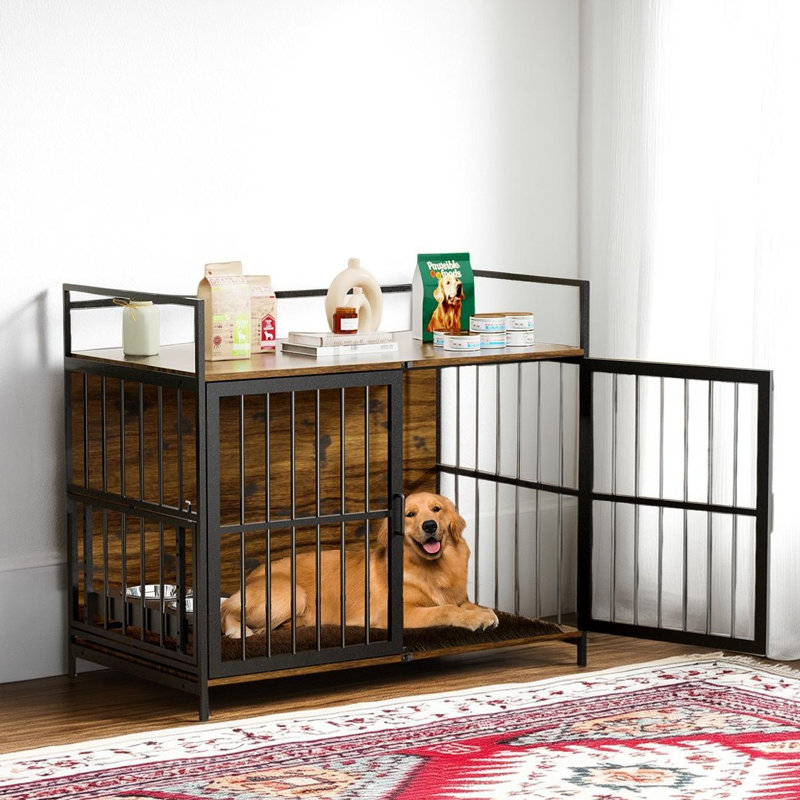 Mobilier pour cage de cage pour chien avec tapis et bol d'alimentation rotatif