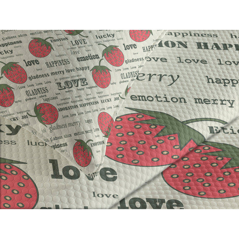 Ambesonne Fruits Bedspread Set  Retro Strawberry Love  Eggshell Ruby Army Green, King Coverlet / Bedspread + 2 Standard Shams