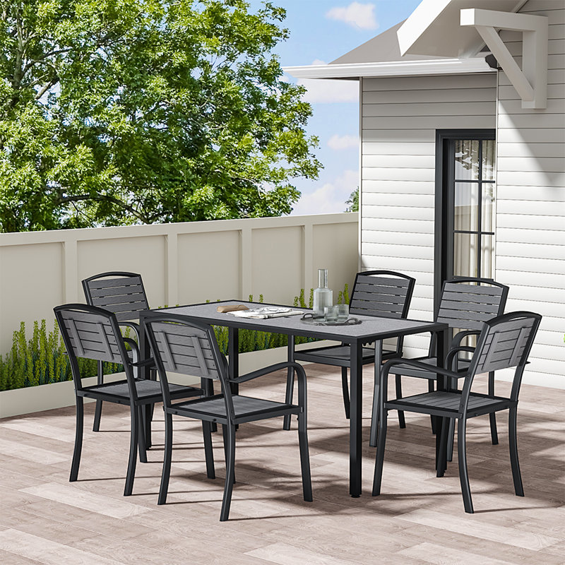 Bacup Rectangular Metal Outdoor Dining Table With Umbrella Hole , cm W cm D, Grey, Black, 72cm H x 70cm W x 150cmL