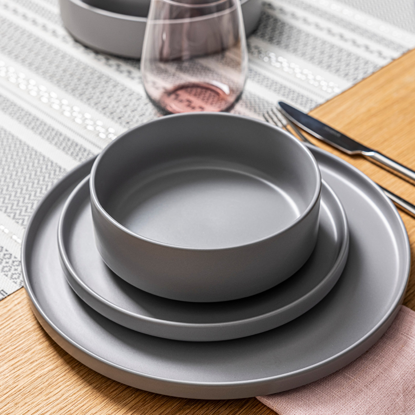 Stackable Stoneware Dinnerware Set, Charcoal