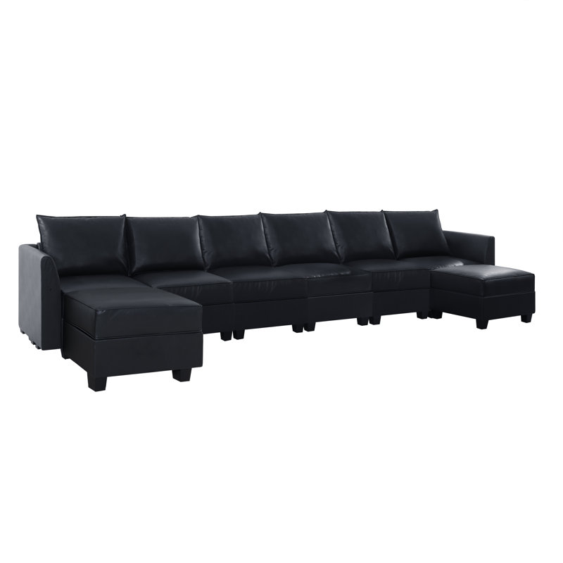 Rudine 6 Seater Convertible Modular Sectional Air Leather Sofa With 2 Ottoman for Living Room, Black