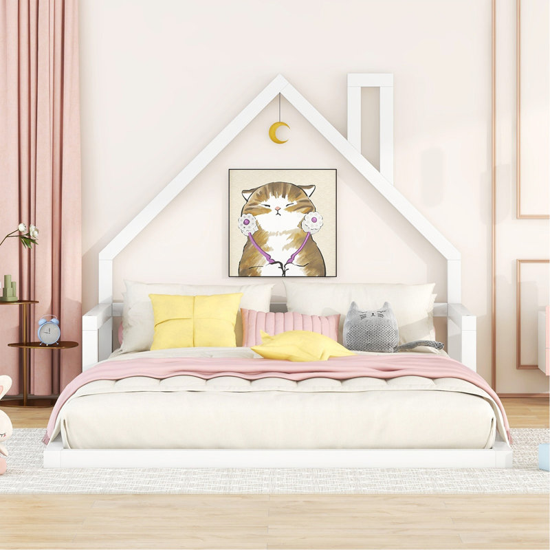 Lit double en bois avec tête de lit en forme de maison, blanc