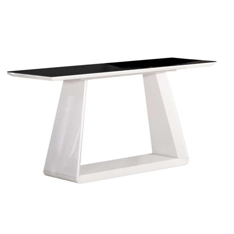 Plateau de table en verre trempé noir avec cadre laqué blanc brillant et console de base