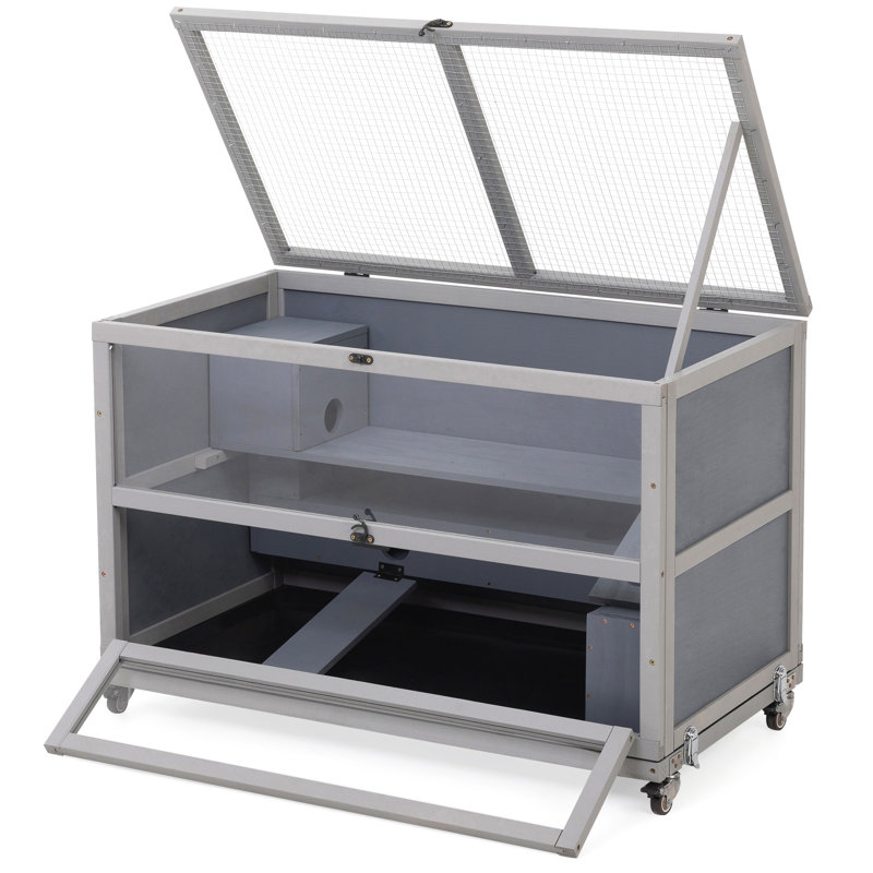 Enceinte grise pour petits animaux, cage à hamster en bois avec tunnels, plateau amovible, roulettes, façade et plateau ouverts, idéale pour les activités, assemblage rapide