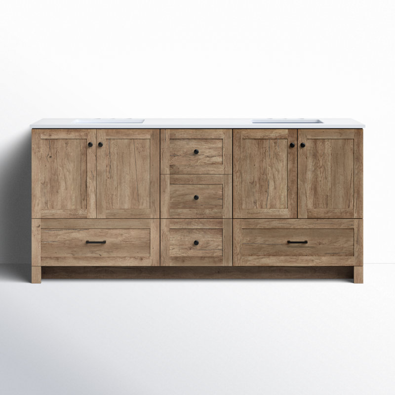 Soma 72'' Double Bathroom Vanity with Engineered Marble Top, Natural Oak